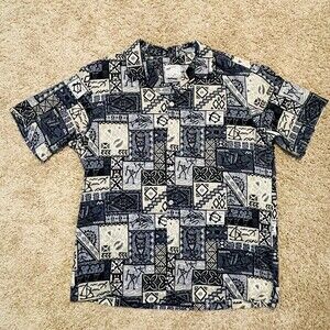 Vintage Hawaiian Aloha Shirt Petroglyphs Grey XL